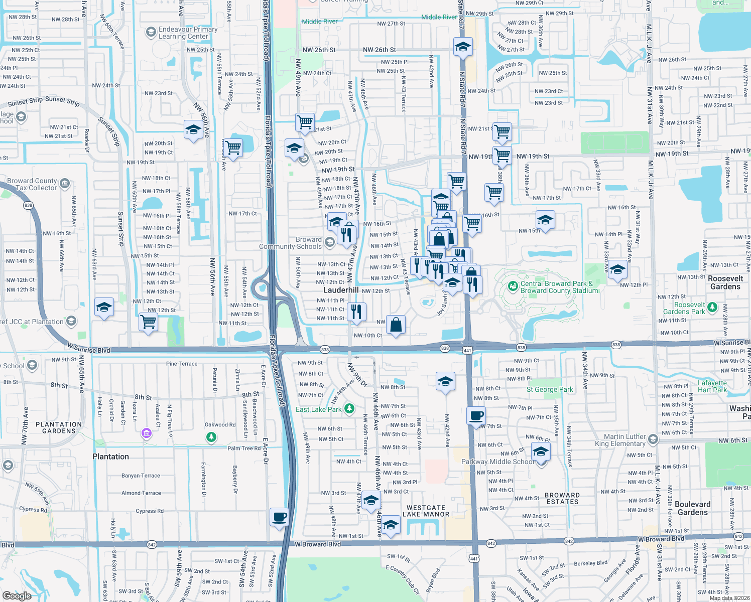 map of restaurants, bars, coffee shops, grocery stores, and more near 1164 Northwest 45th Terrace in Lauderhill