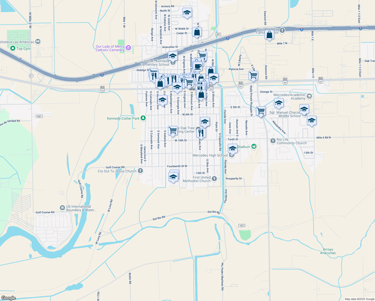map of restaurants, bars, coffee shops, grocery stores, and more near 1126 South Virginia Avenue in Mercedes