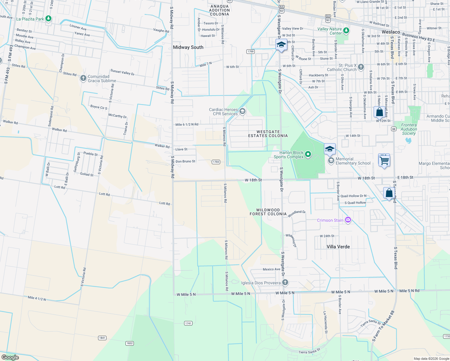 map of restaurants, bars, coffee shops, grocery stores, and more near 18th Street in Weslaco