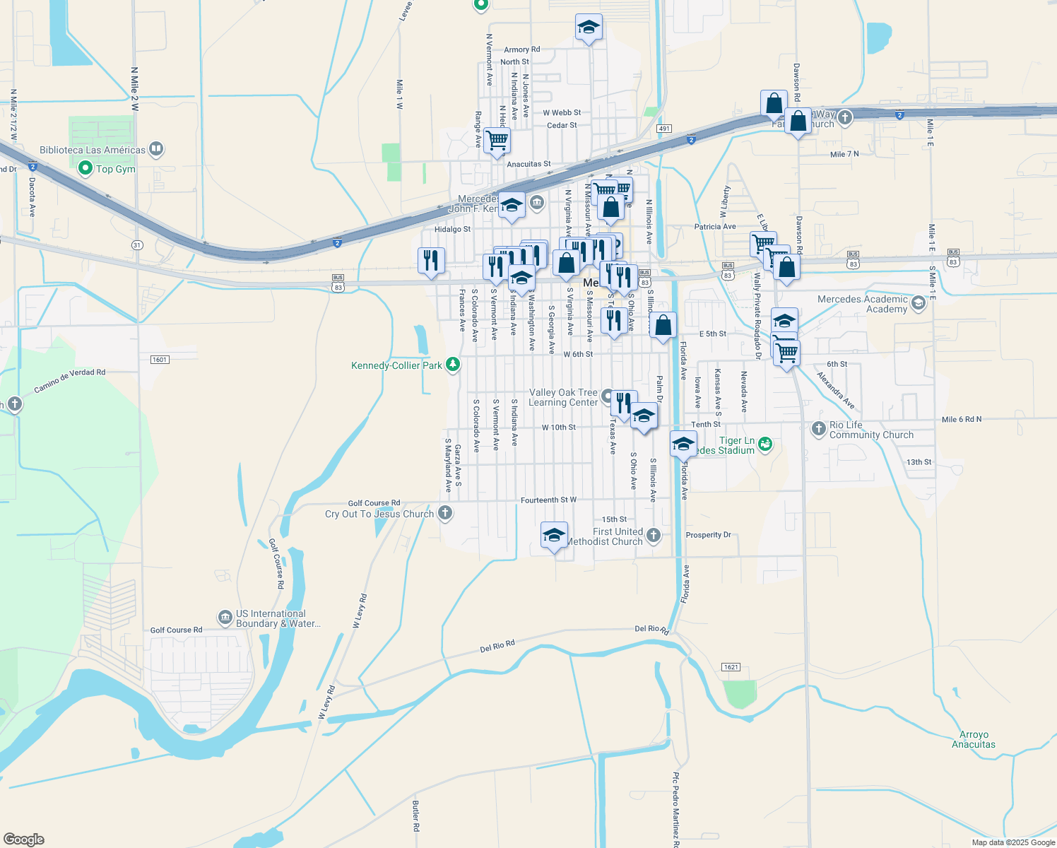 map of restaurants, bars, coffee shops, grocery stores, and more near 811 West 10th Street in Mercedes