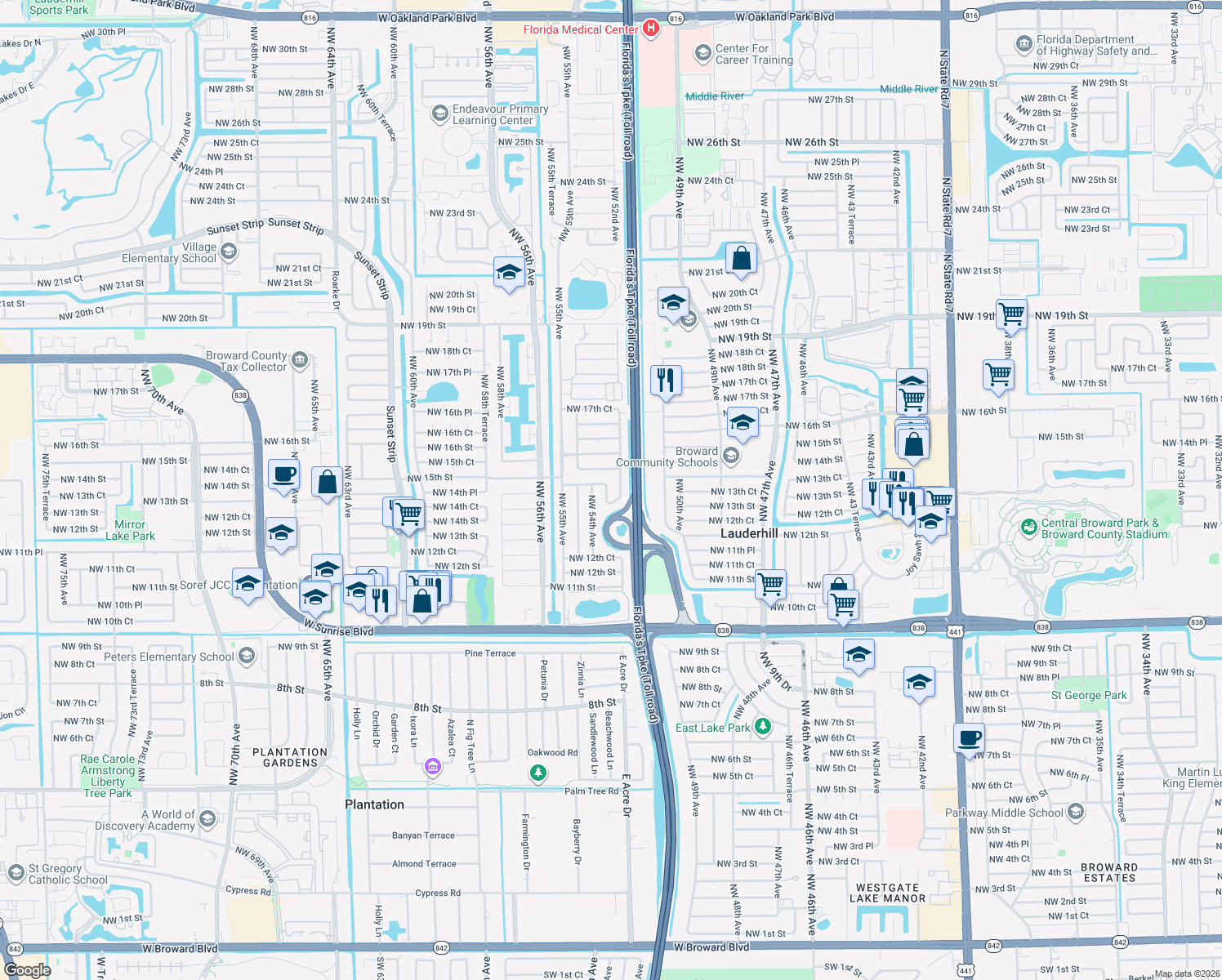 map of restaurants, bars, coffee shops, grocery stores, and more near 5261 Northwest 14th Place in Lauderhill