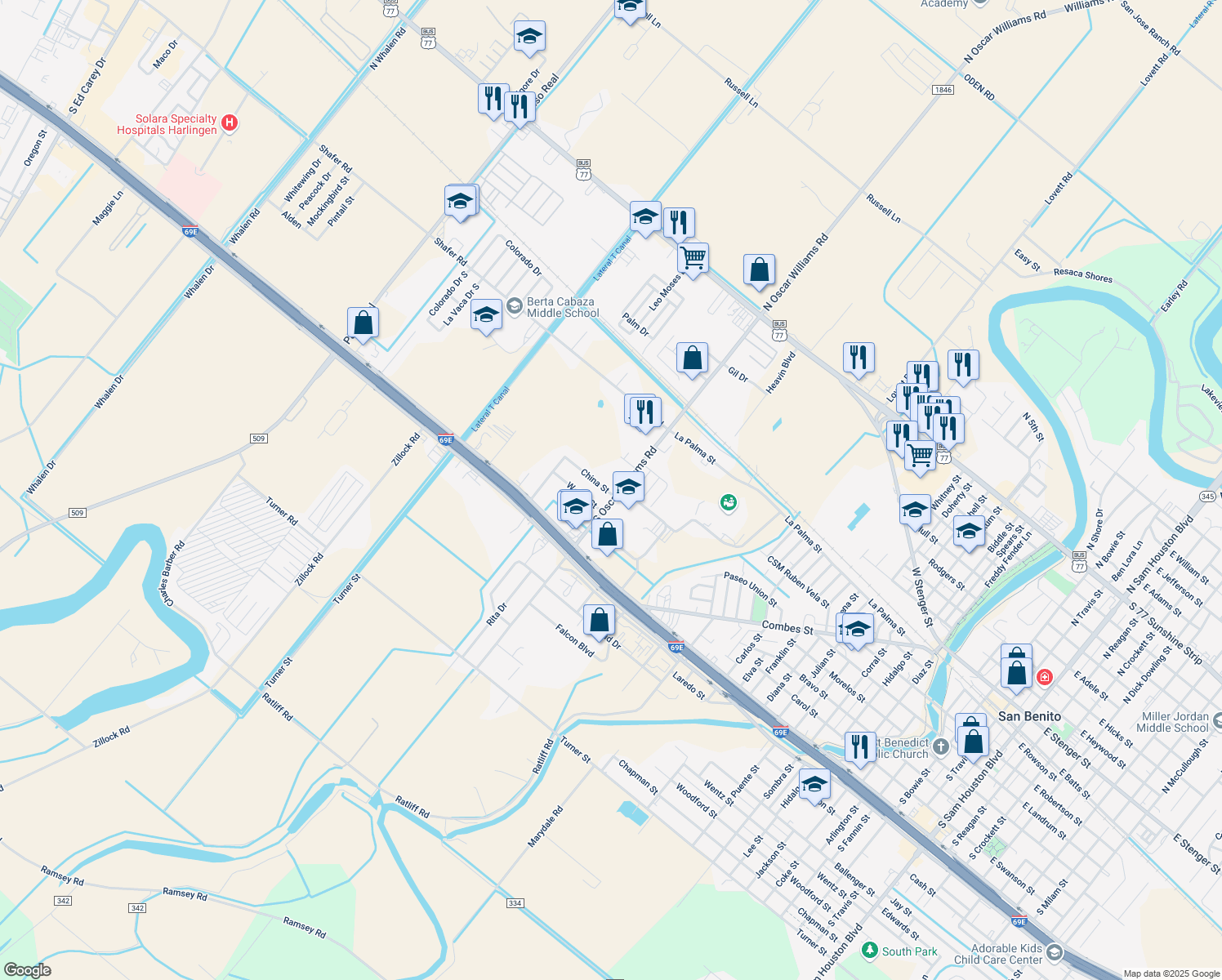 map of restaurants, bars, coffee shops, grocery stores, and more near 400 S Oscar Williams Rd in San Benito