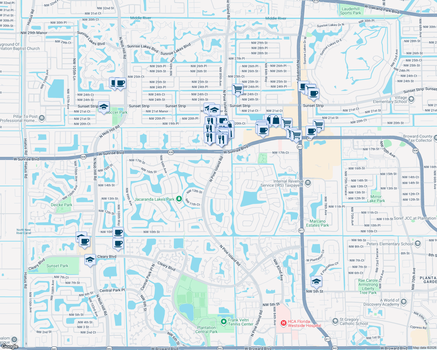 map of restaurants, bars, coffee shops, grocery stores, and more near 9021 Northwest 15th Place in Plantation