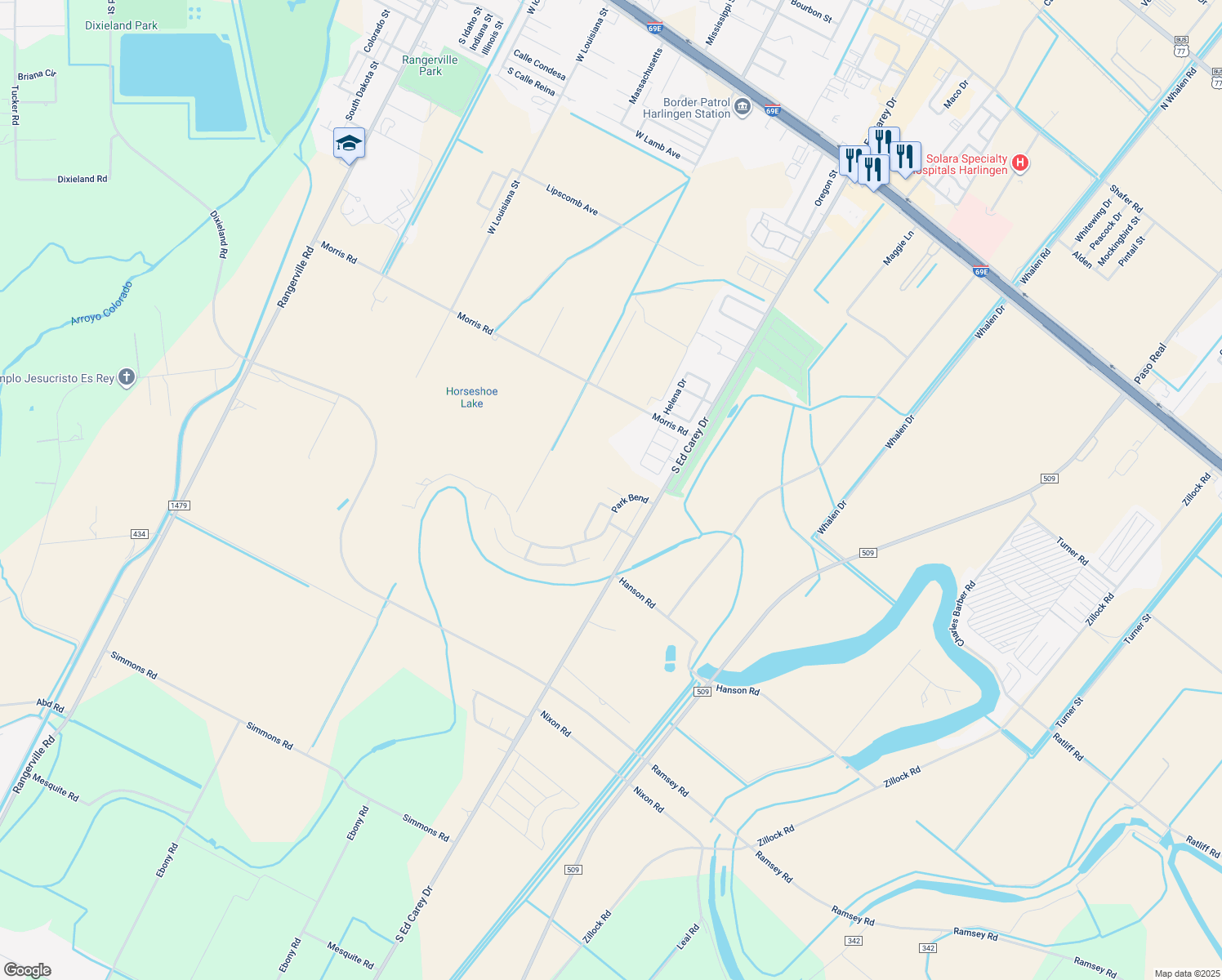 map of restaurants, bars, coffee shops, grocery stores, and more near 4622 Magnolia Point in Harlingen