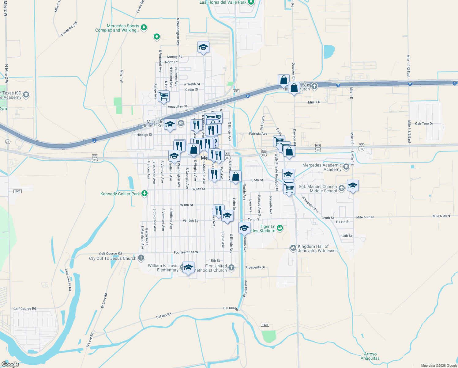 map of restaurants, bars, coffee shops, grocery stores, and more near 519 South Illinois Avenue in Mercedes