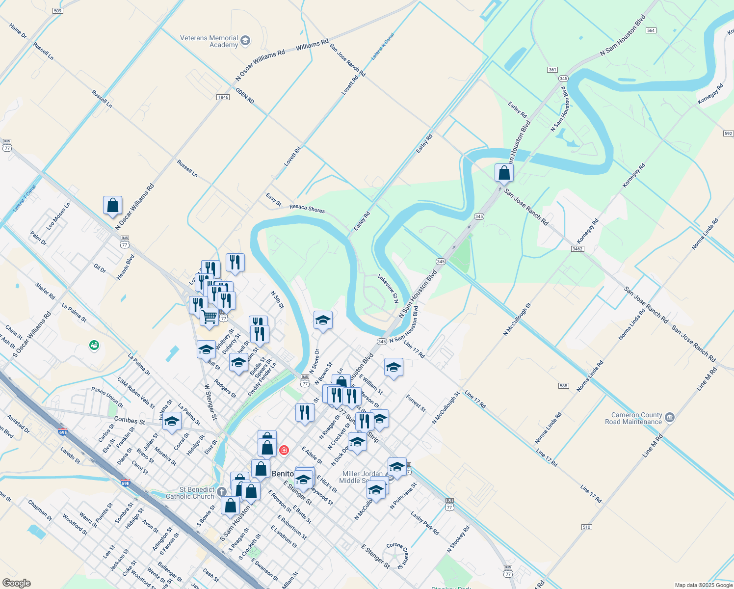 map of restaurants, bars, coffee shops, grocery stores, and more near 166 Resaca Shores Boulevard in San Benito