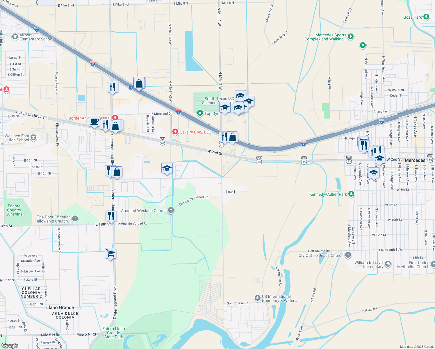 map of restaurants, bars, coffee shops, grocery stores, and more near 354 S Mile 2 W in Mercedes