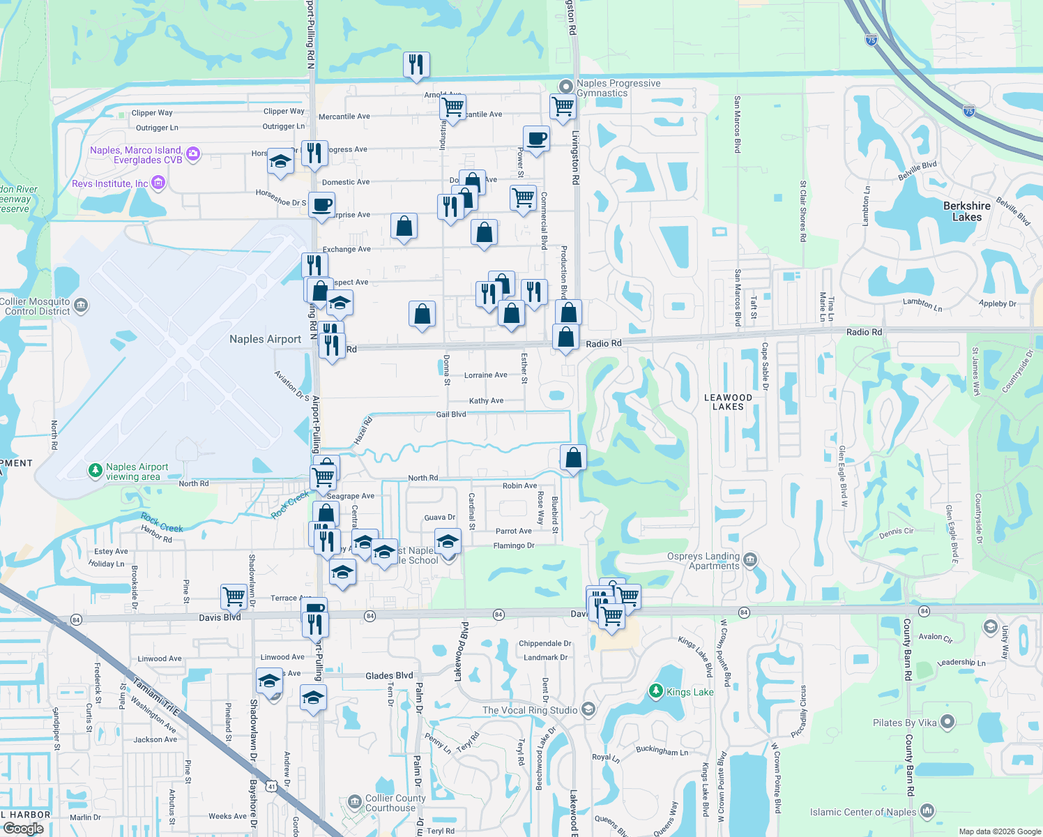 map of restaurants, bars, coffee shops, grocery stores, and more near 4520 Gail Boulevard in Naples