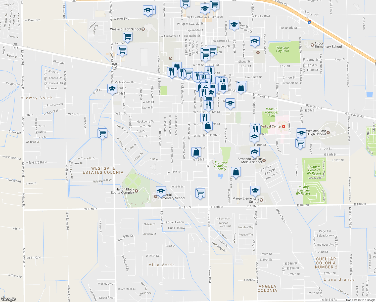 map of restaurants, bars, coffee shops, grocery stores, and more near 1004 South Indiana Avenue in Weslaco