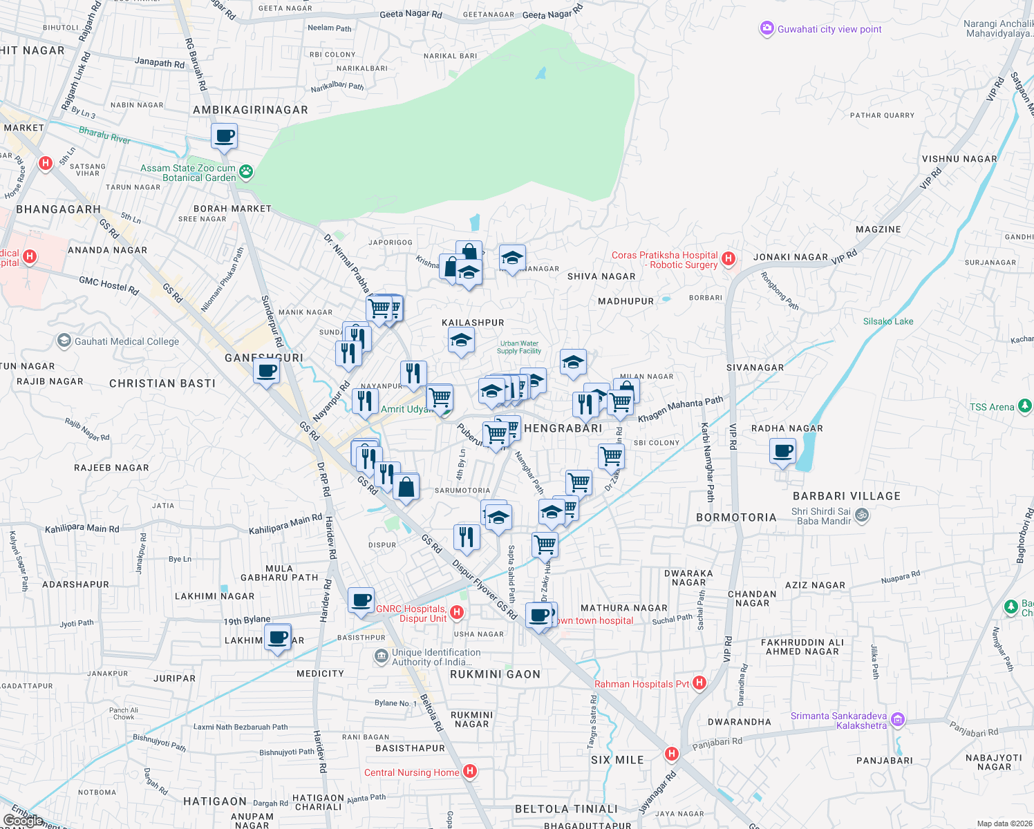 map of restaurants, bars, coffee shops, grocery stores, and more near Hengrabari Road in Guwahati