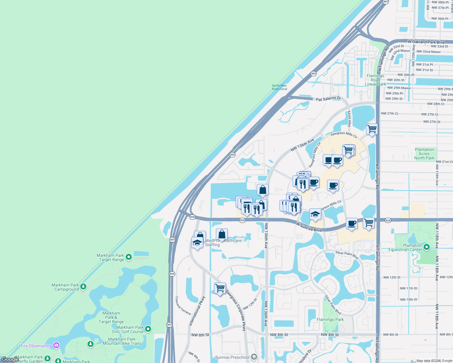 map of restaurants, bars, coffee shops, grocery stores, and more near 13832 Northwest 22nd Street in Sunrise
