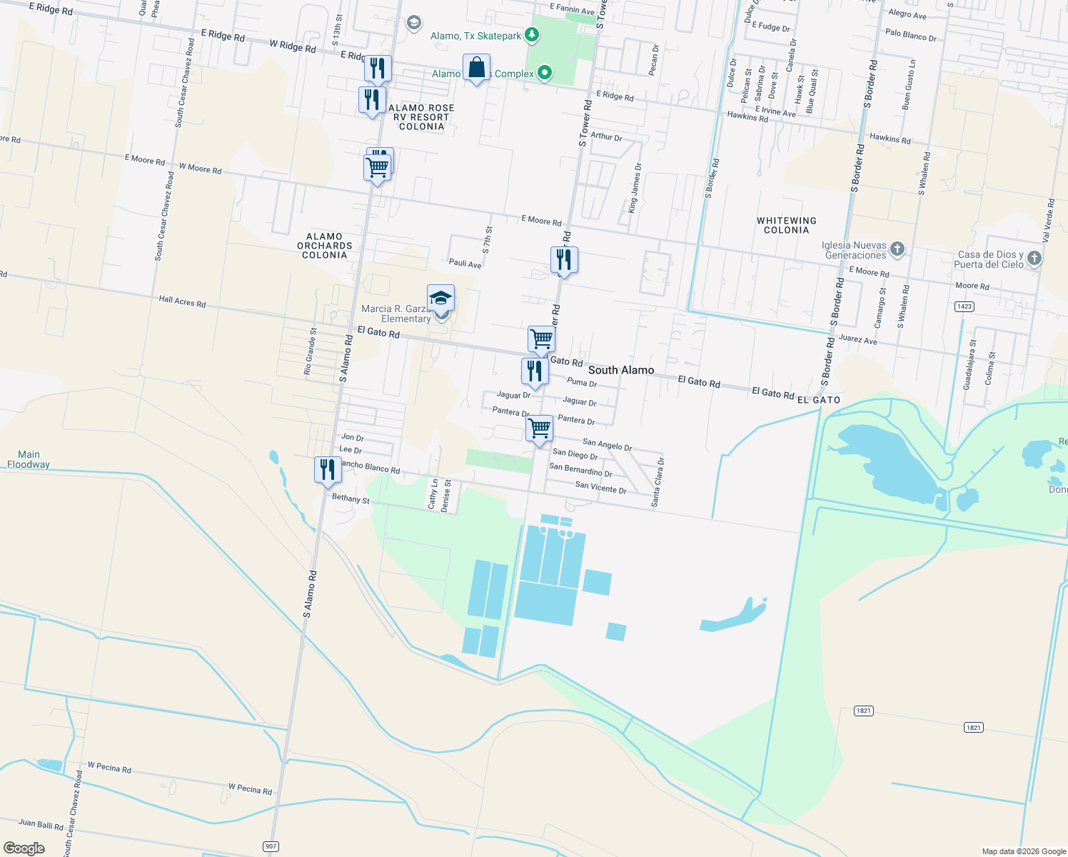 map of restaurants, bars, coffee shops, grocery stores, and more near 2406 South Tower Road in Alamo