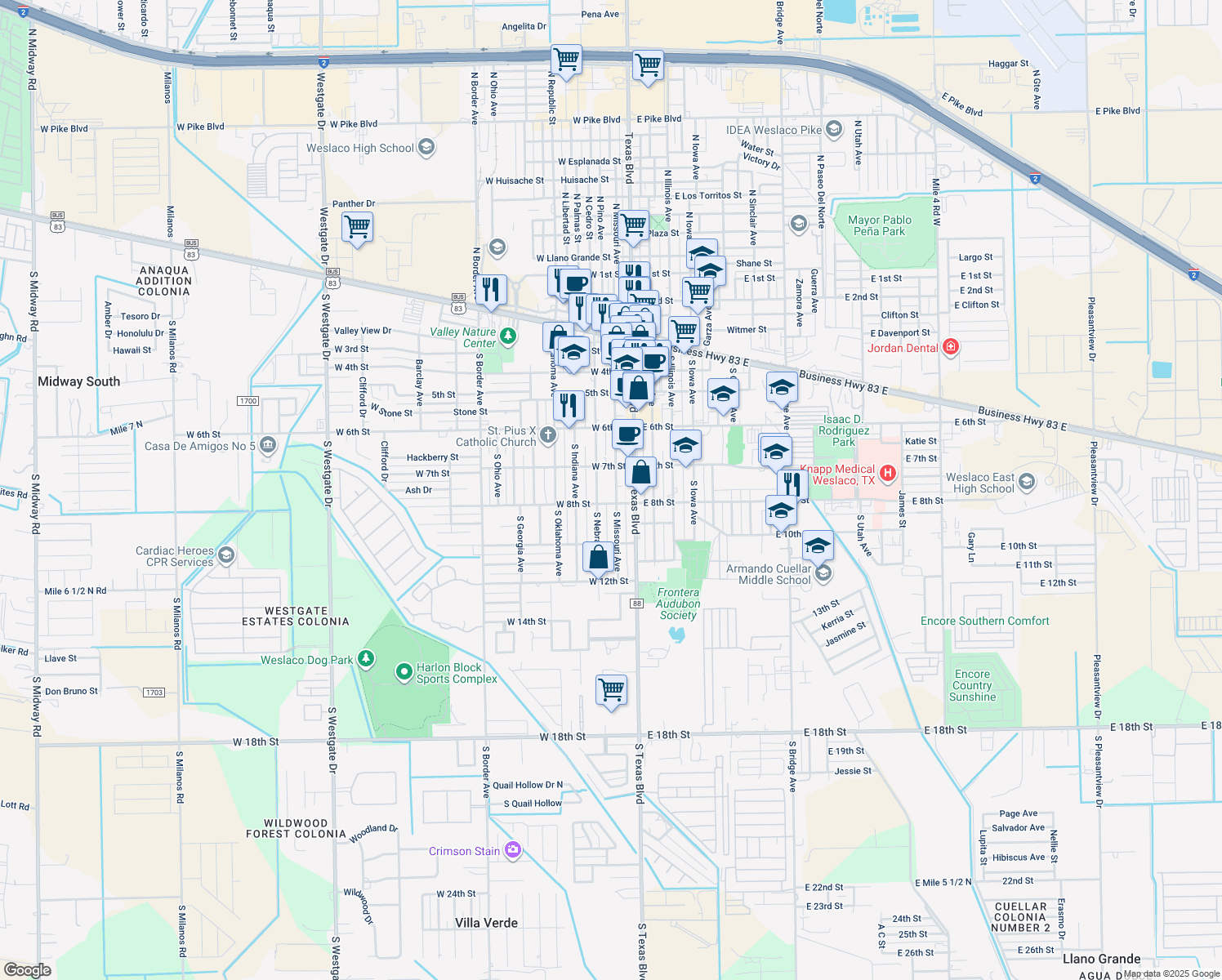 map of restaurants, bars, coffee shops, grocery stores, and more near 716 S Missouri Ave in Weslaco