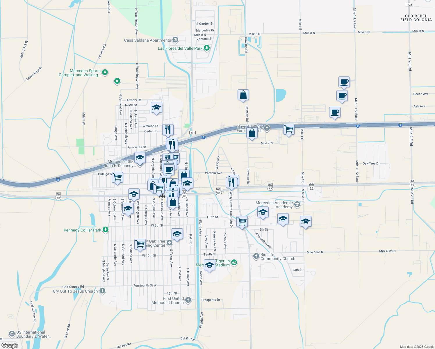 map of restaurants, bars, coffee shops, grocery stores, and more near 407 Patricia Street in Mercedes