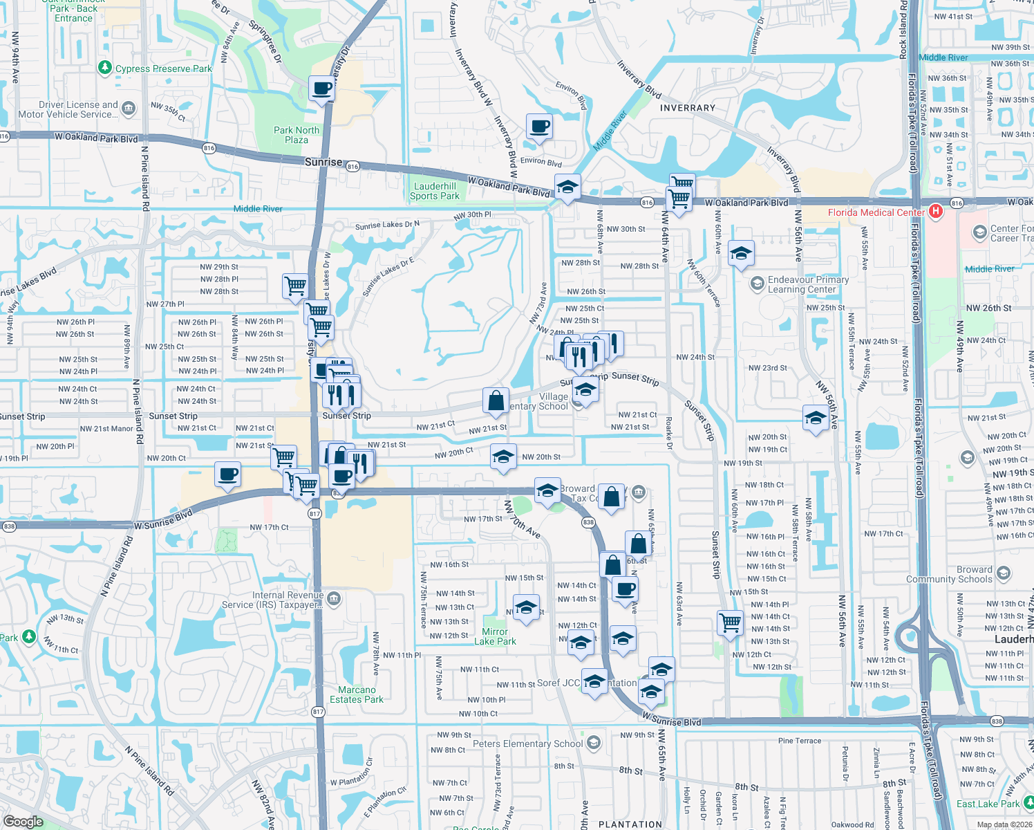 map of restaurants, bars, coffee shops, grocery stores, and more near 2141 Northwest 73rd Avenue in Sunrise
