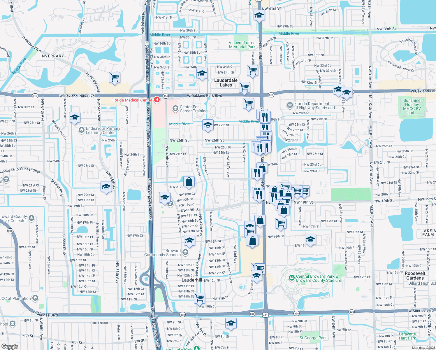 map of restaurants, bars, coffee shops, grocery stores, and more near 4430 Northwest 22nd Street in Lauderhill