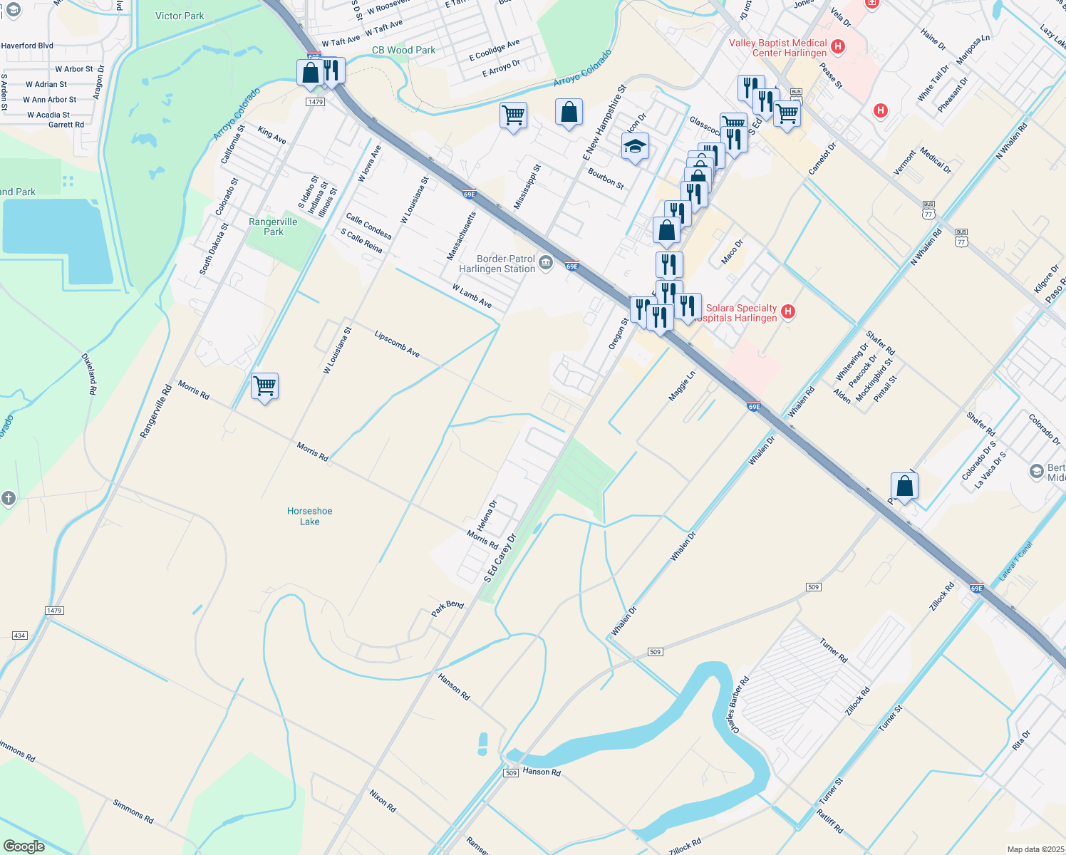 map of restaurants, bars, coffee shops, grocery stores, and more near 4501 North Hummingbird Lane in Harlingen