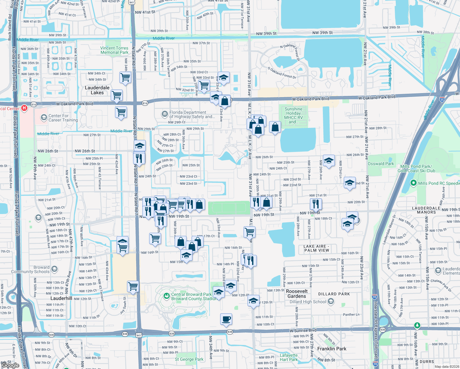 map of restaurants, bars, coffee shops, grocery stores, and more near 2260 Northwest 33rd Avenue in Lauderdale Lakes