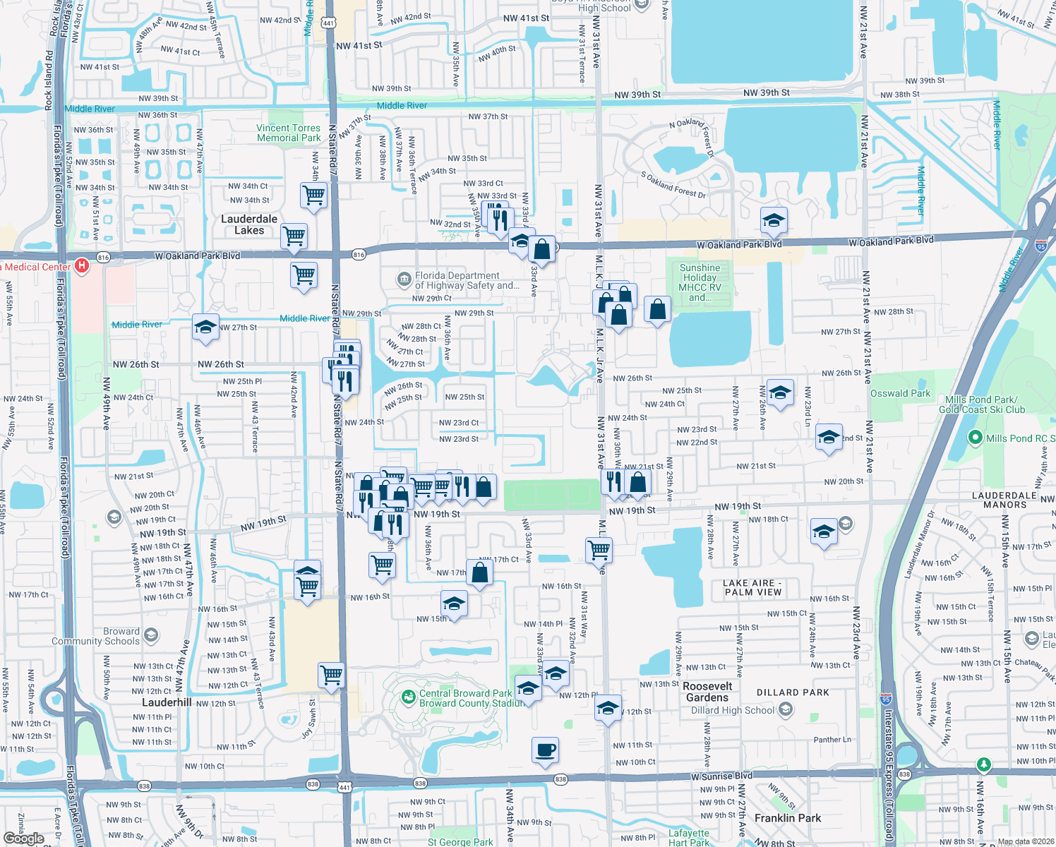 map of restaurants, bars, coffee shops, grocery stores, and more near 3345 Northwest 23rd Street in Lauderdale Lakes
