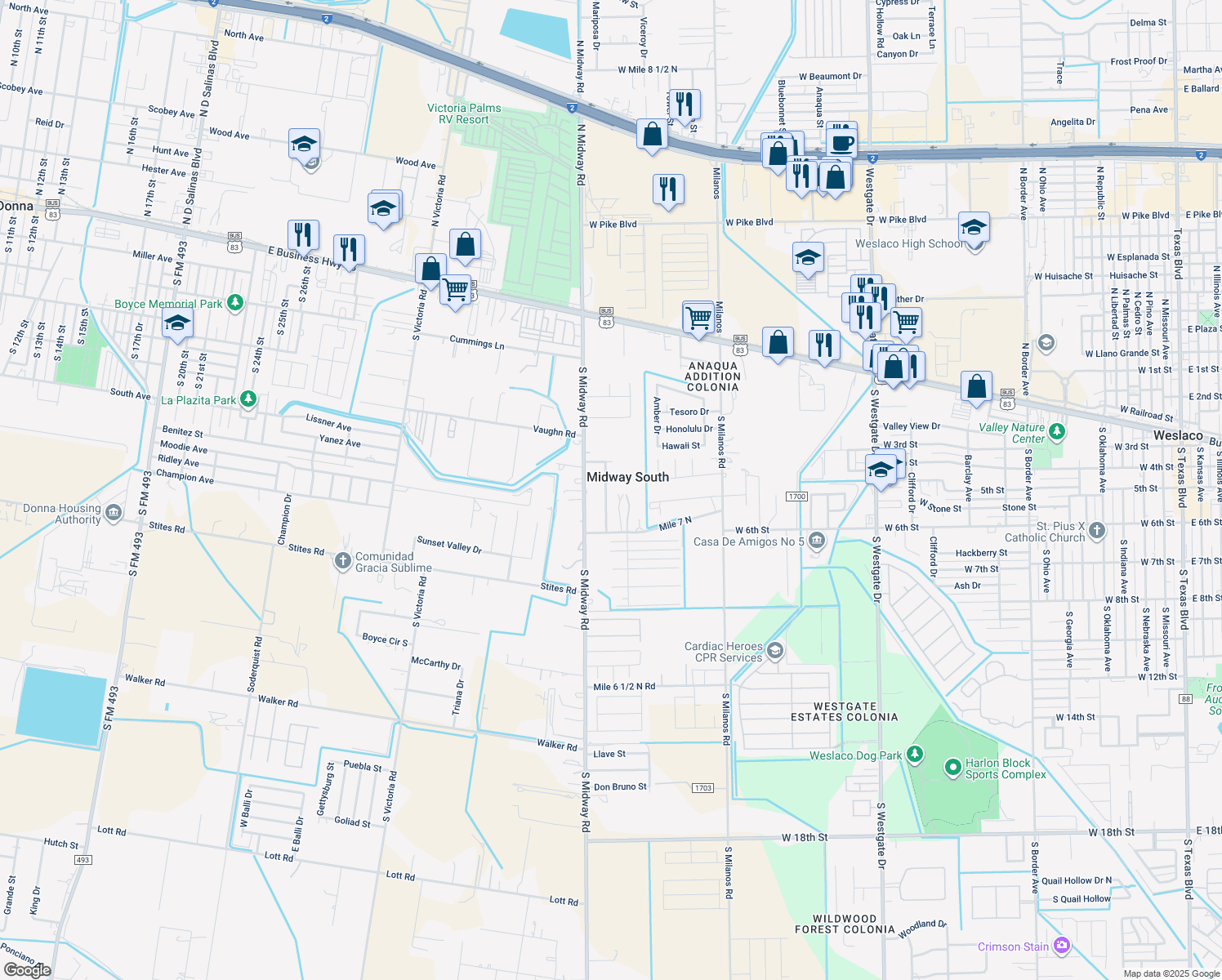 map of restaurants, bars, coffee shops, grocery stores, and more near 421 Live Oak Avenue in Weslaco