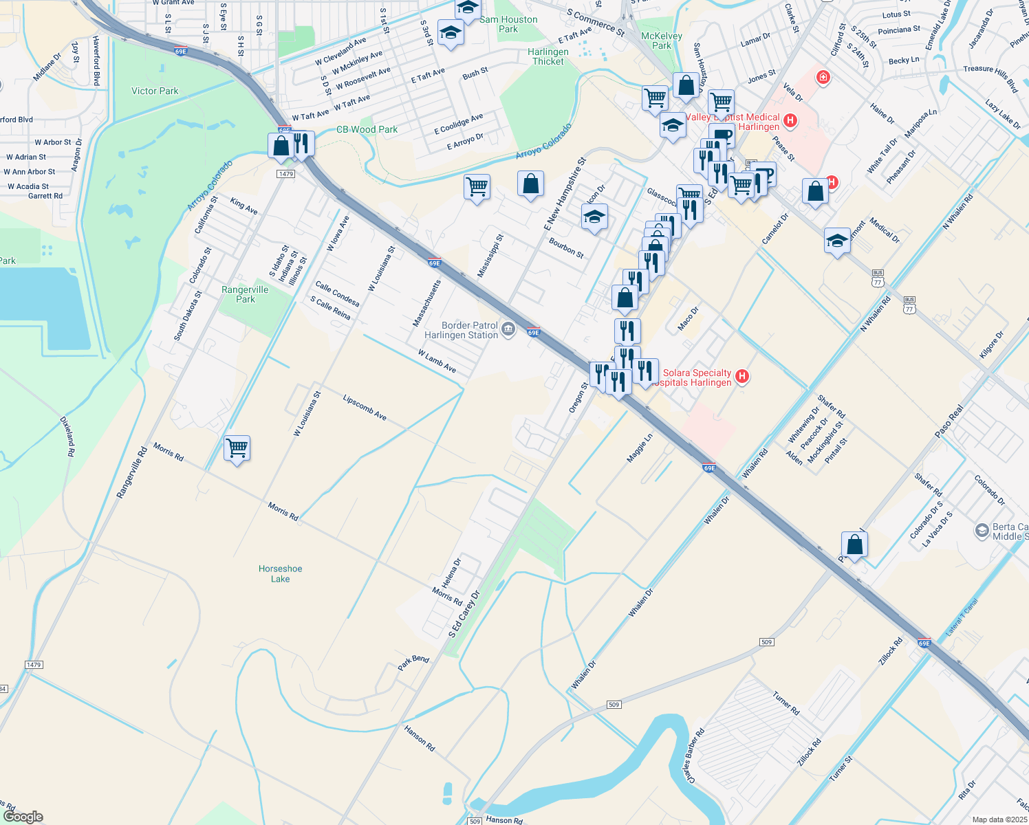 map of restaurants, bars, coffee shops, grocery stores, and more near Lamb Avenue in Harlingen