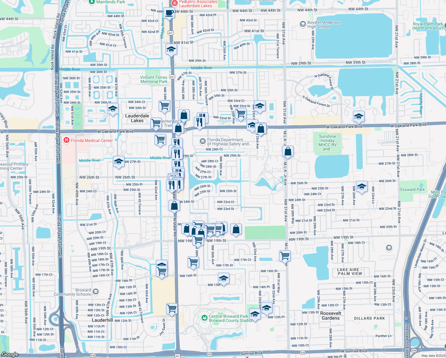 map of restaurants, bars, coffee shops, grocery stores, and more near 3588 Northwest 27th Street in Lauderdale Lakes