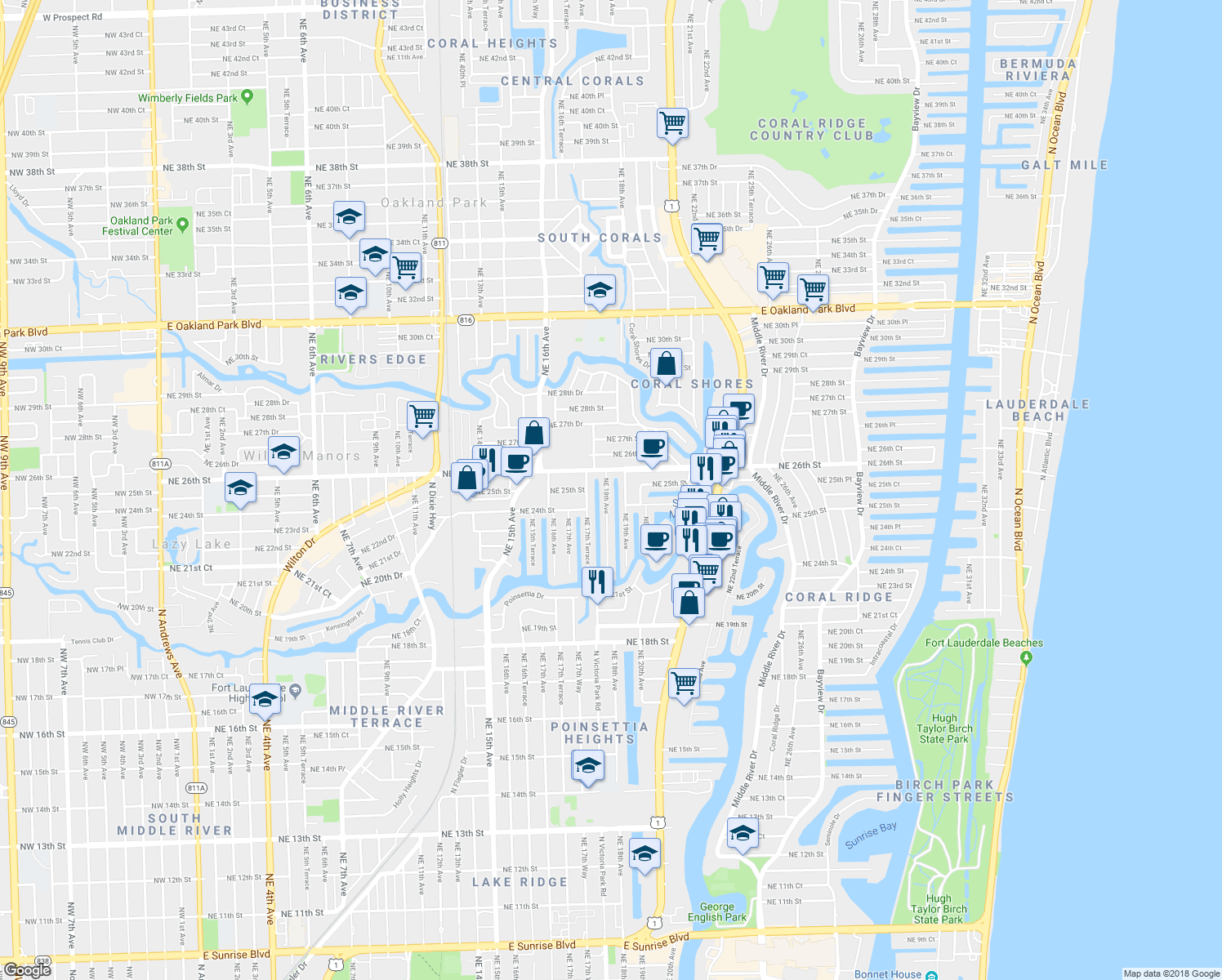 map of restaurants, bars, coffee shops, grocery stores, and more near 2500 Northeast 18th Avenue in Wilton Manors