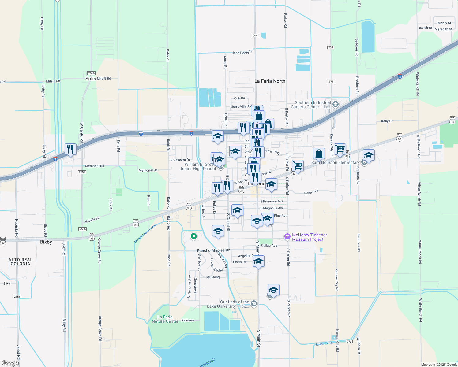 map of restaurants, bars, coffee shops, grocery stores, and more near 304 N Canal St in La Feria