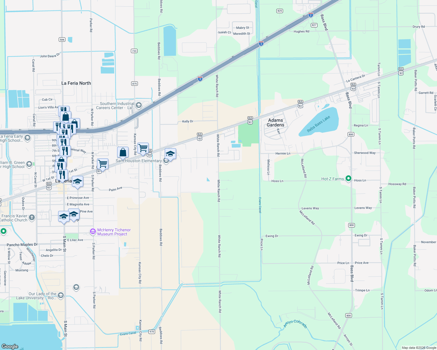 map of restaurants, bars, coffee shops, grocery stores, and more near 27430 White Ranch Rd in La Feria