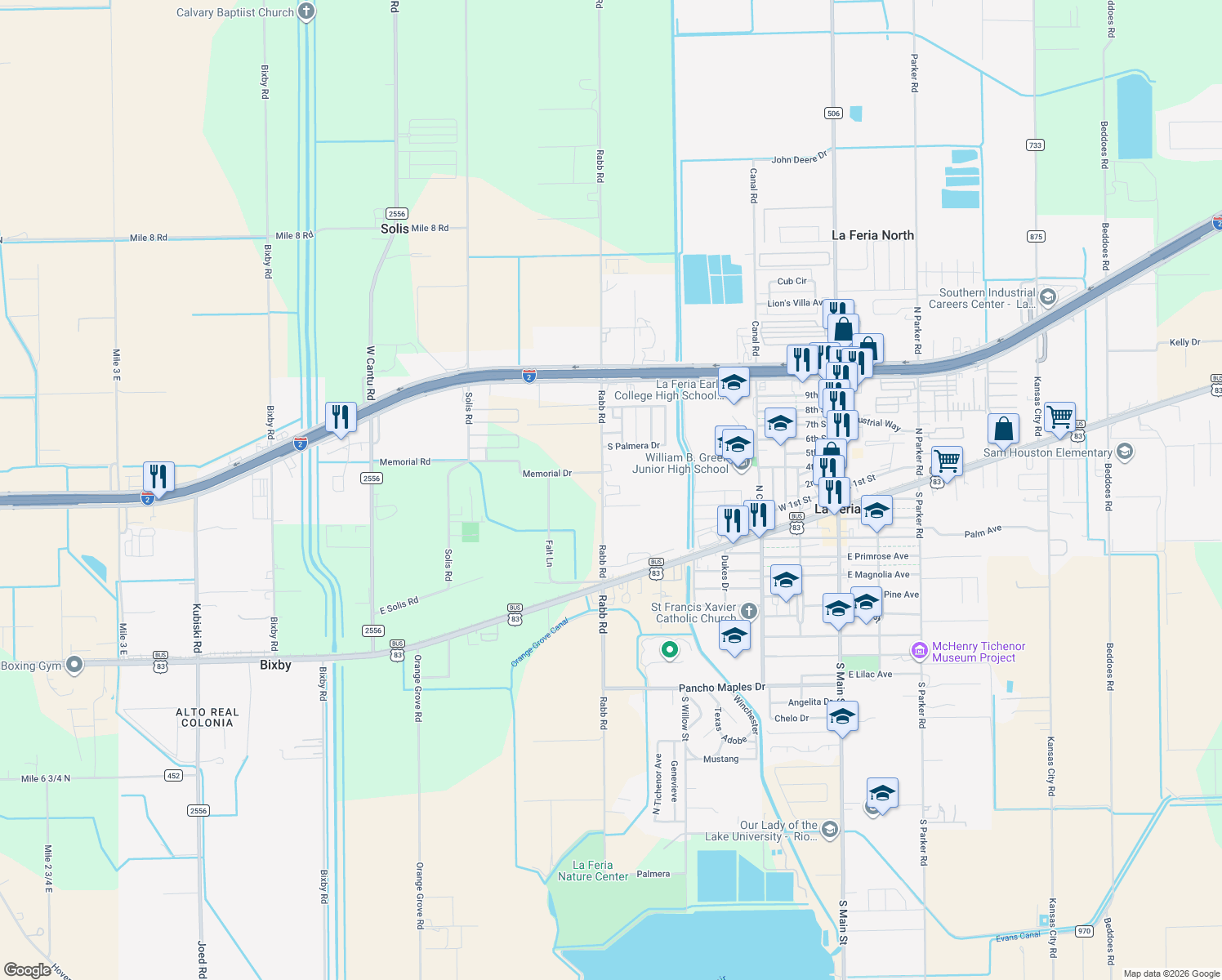 map of restaurants, bars, coffee shops, grocery stores, and more near 27469 Rabb Rd in La Feria