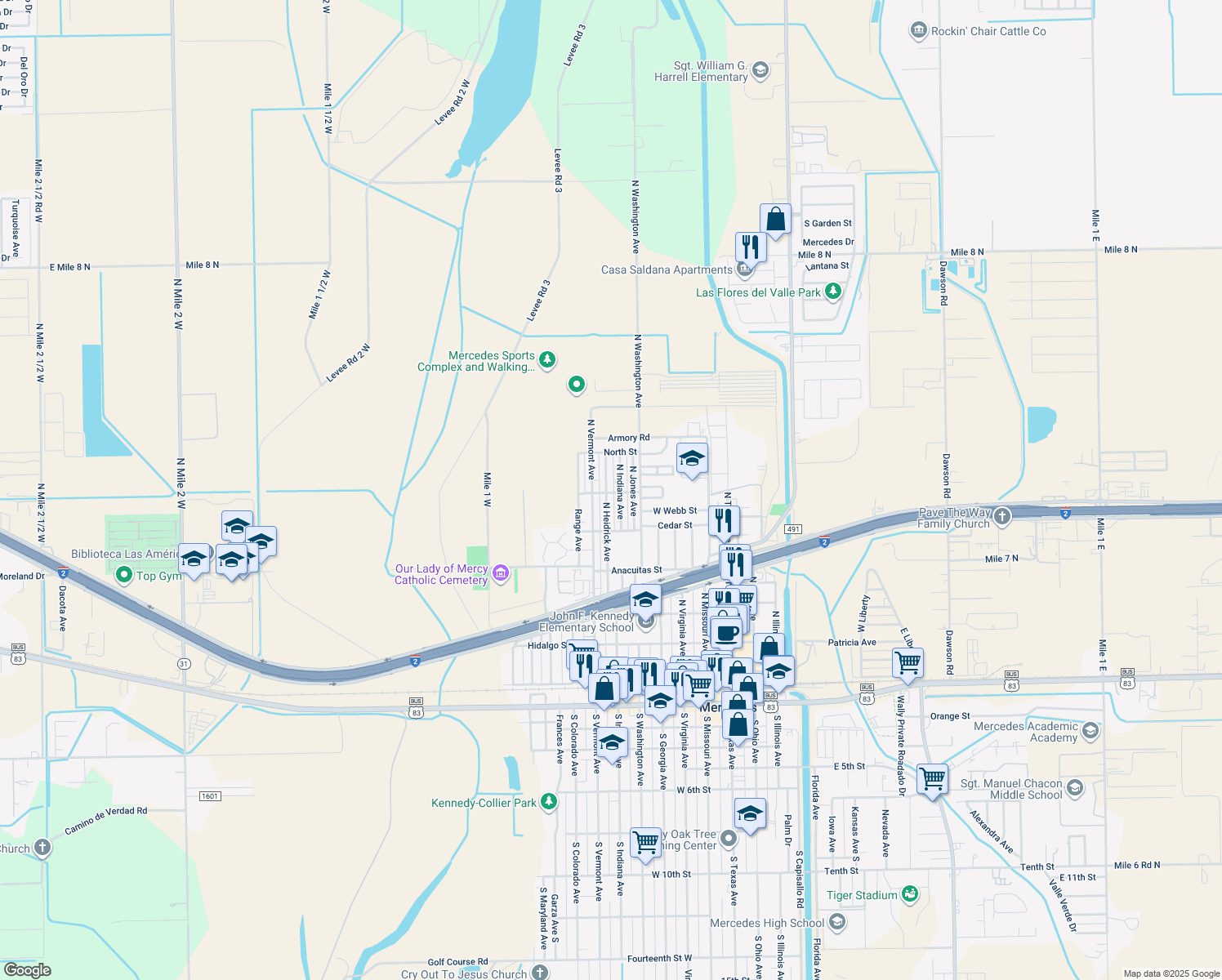 map of restaurants, bars, coffee shops, grocery stores, and more near 903 Heidrick Avenue in Mercedes