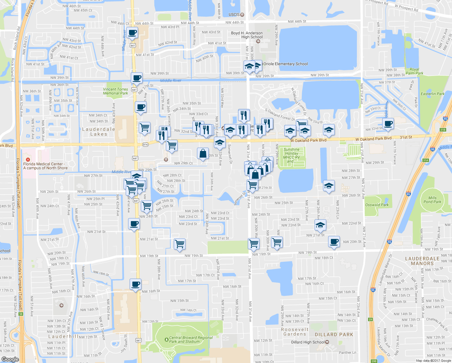 map of restaurants, bars, coffee shops, grocery stores, and more near 2811 Somerset Drive in Lauderdale Lakes