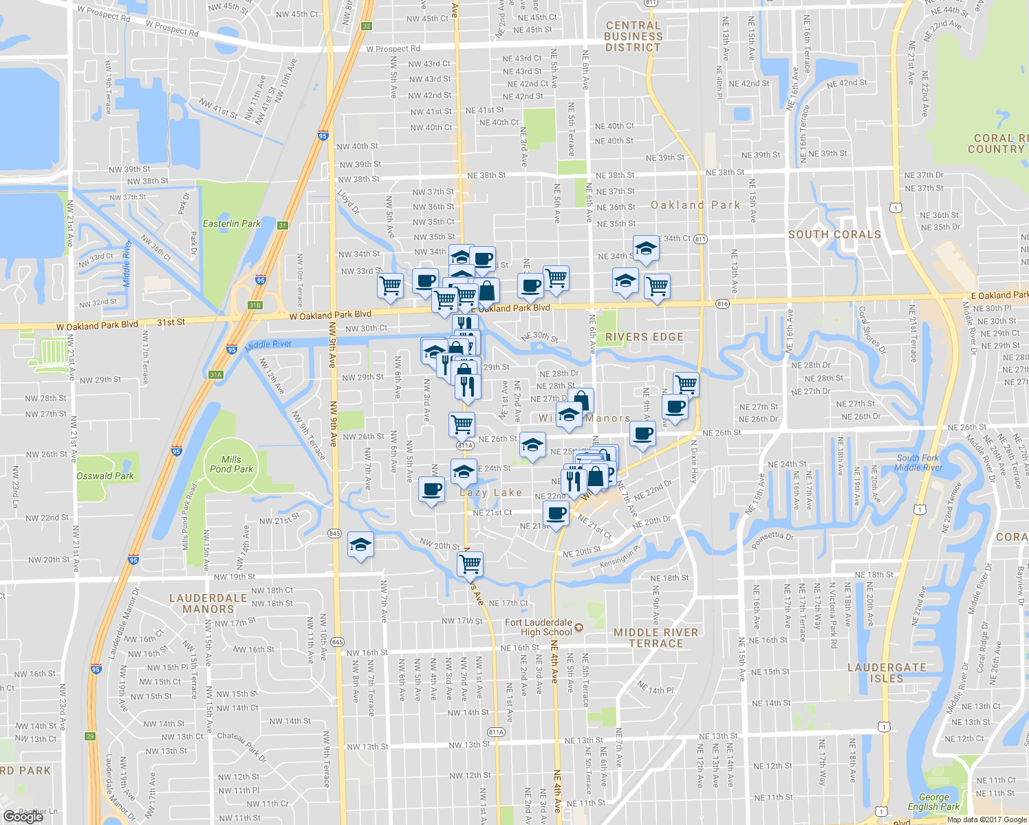 map of restaurants, bars, coffee shops, grocery stores, and more near 2701 Northeast 2nd Avenue in Wilton Manors