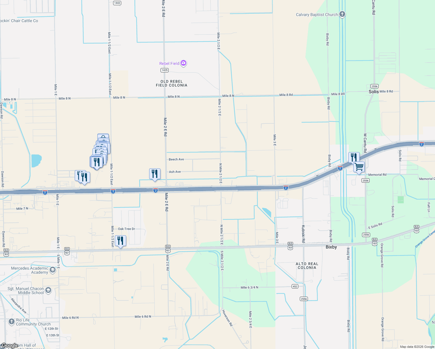 map of restaurants, bars, coffee shops, grocery stores, and more near 3045 Ash Ave in Mercedes