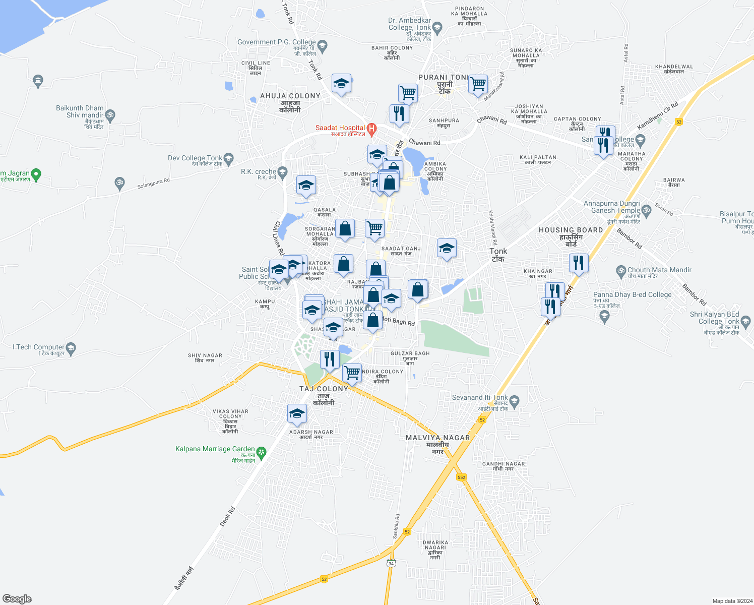 map of restaurants, bars, coffee shops, grocery stores, and more near Unnamed Rd in Tonk