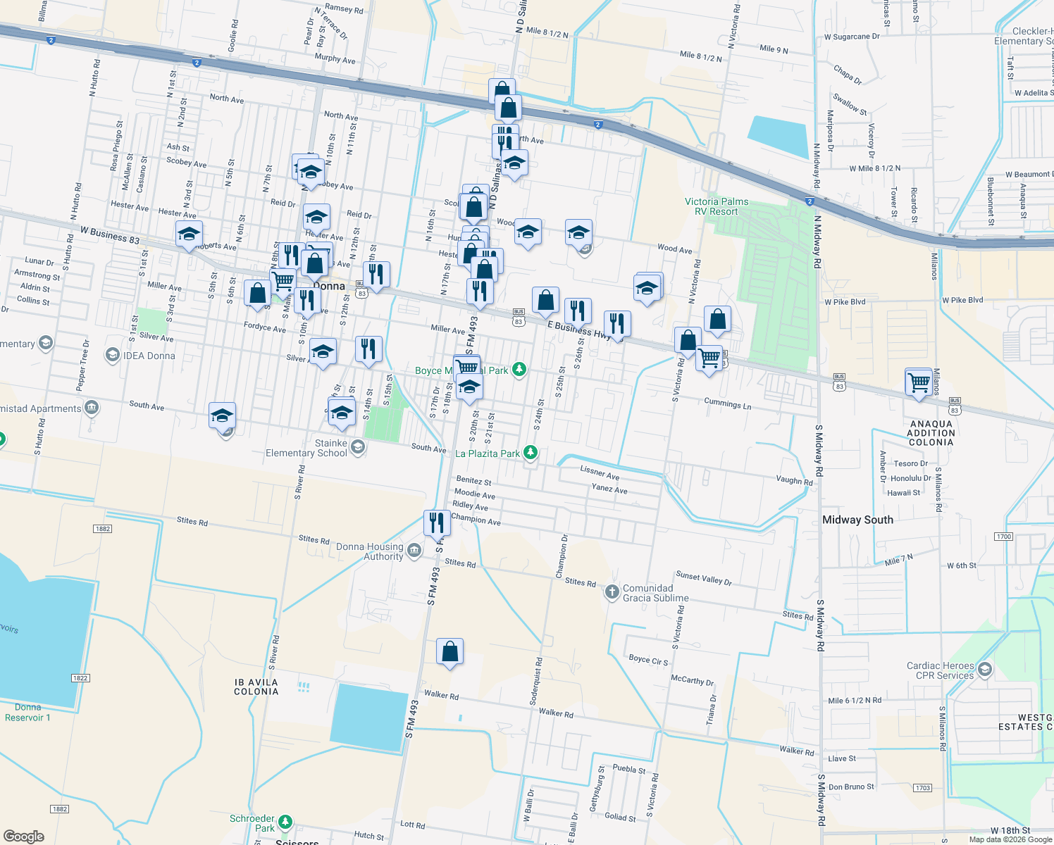 map of restaurants, bars, coffee shops, grocery stores, and more near 412 S 23rd St in Donna