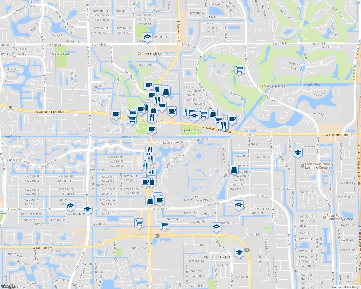 map of restaurants, bars, coffee shops, grocery stores, and more near 7760-7796 Sunrise Lakes Drive North in Sunrise