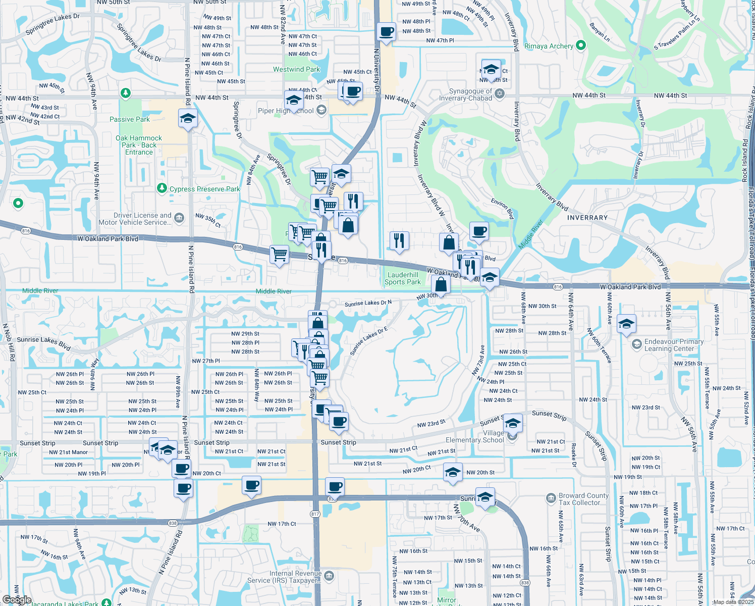 map of restaurants, bars, coffee shops, grocery stores, and more near 7796 Sunrise Lakes Drive North in Sunrise