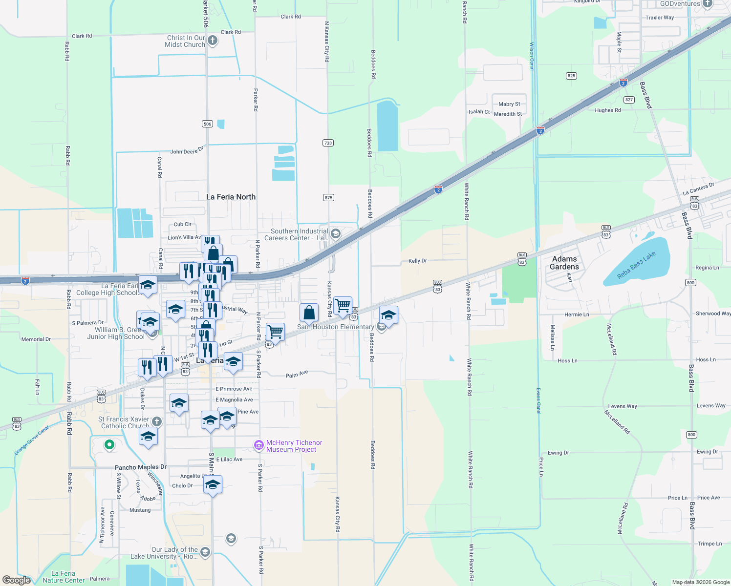 map of restaurants, bars, coffee shops, grocery stores, and more near 27224 Beddoes Rd in La Feria