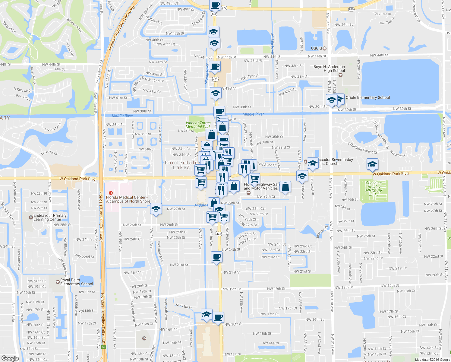 map of restaurants, bars, coffee shops, grocery stores, and more near 3970 W Oakland Park Blvd in Lauderdale Lakes