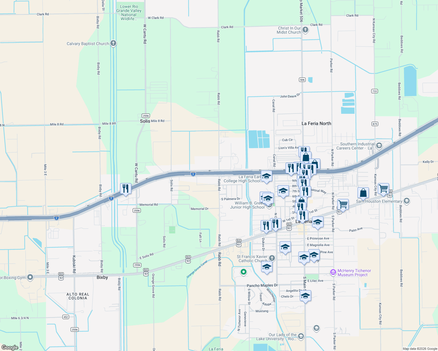 map of restaurants, bars, coffee shops, grocery stores, and more near 23132 Rabb Rd in La Feria