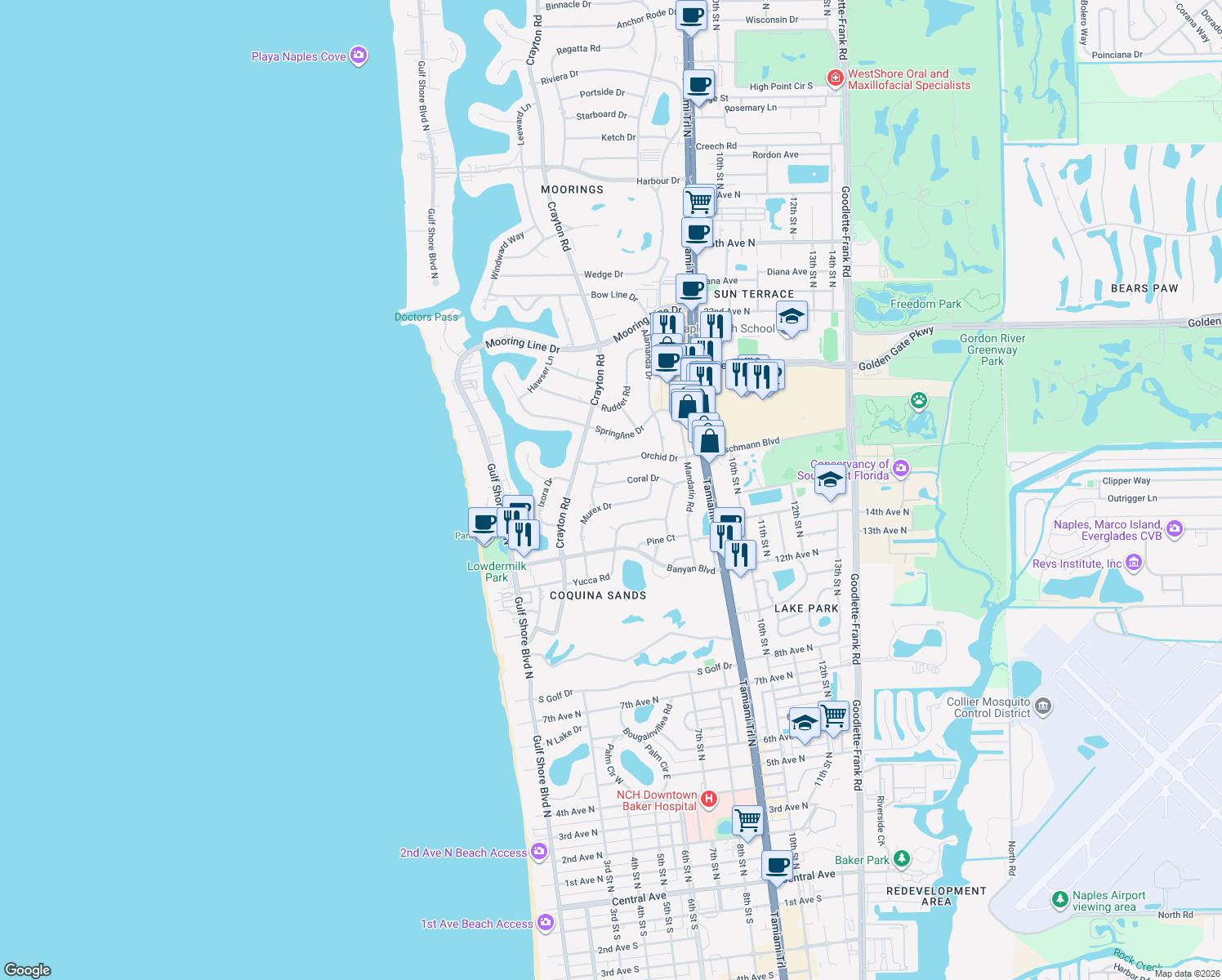 map of restaurants, bars, coffee shops, grocery stores, and more near 530 Coral Drive in Naples