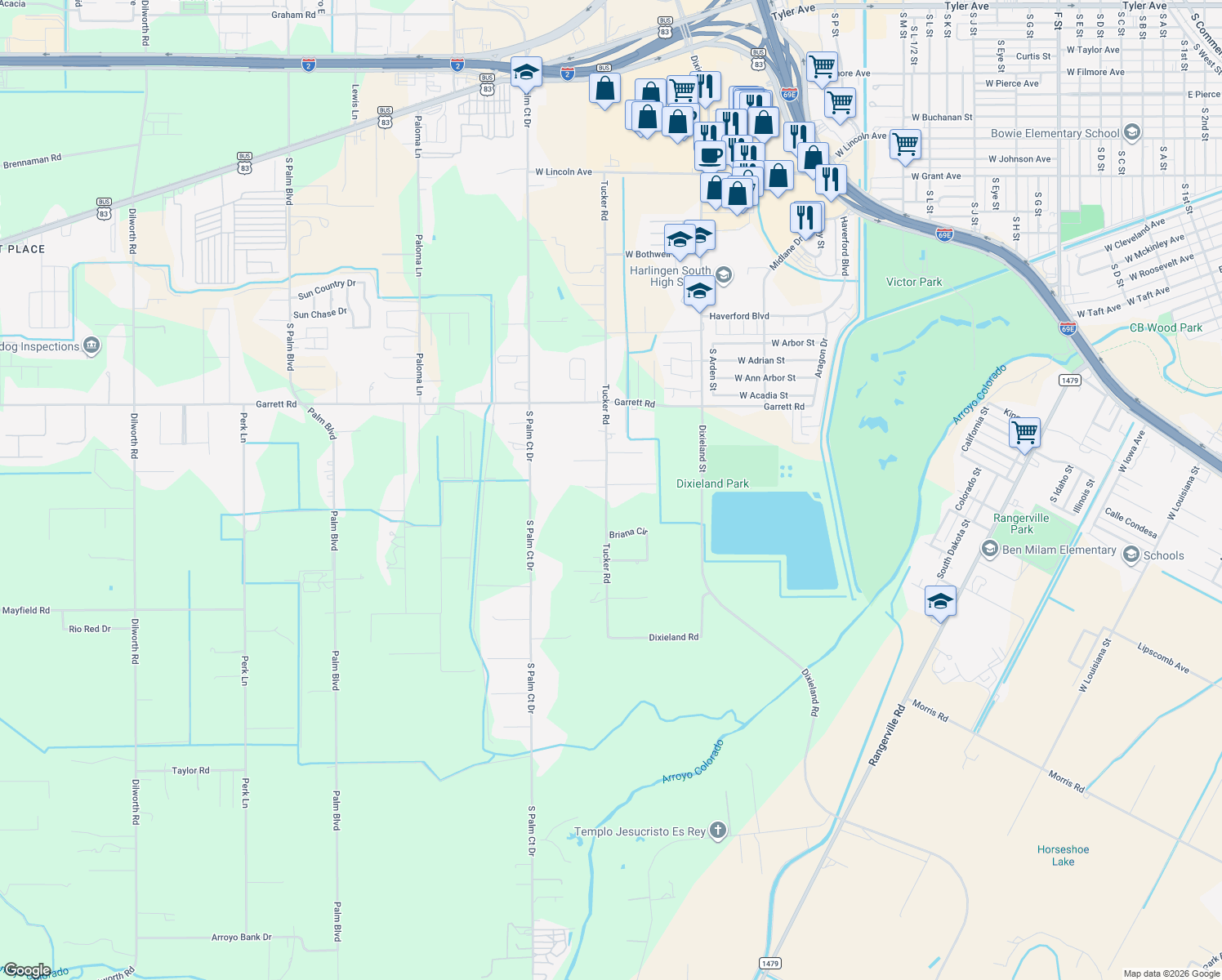 map of restaurants, bars, coffee shops, grocery stores, and more near 2802 Tucker Rd in Harlingen
