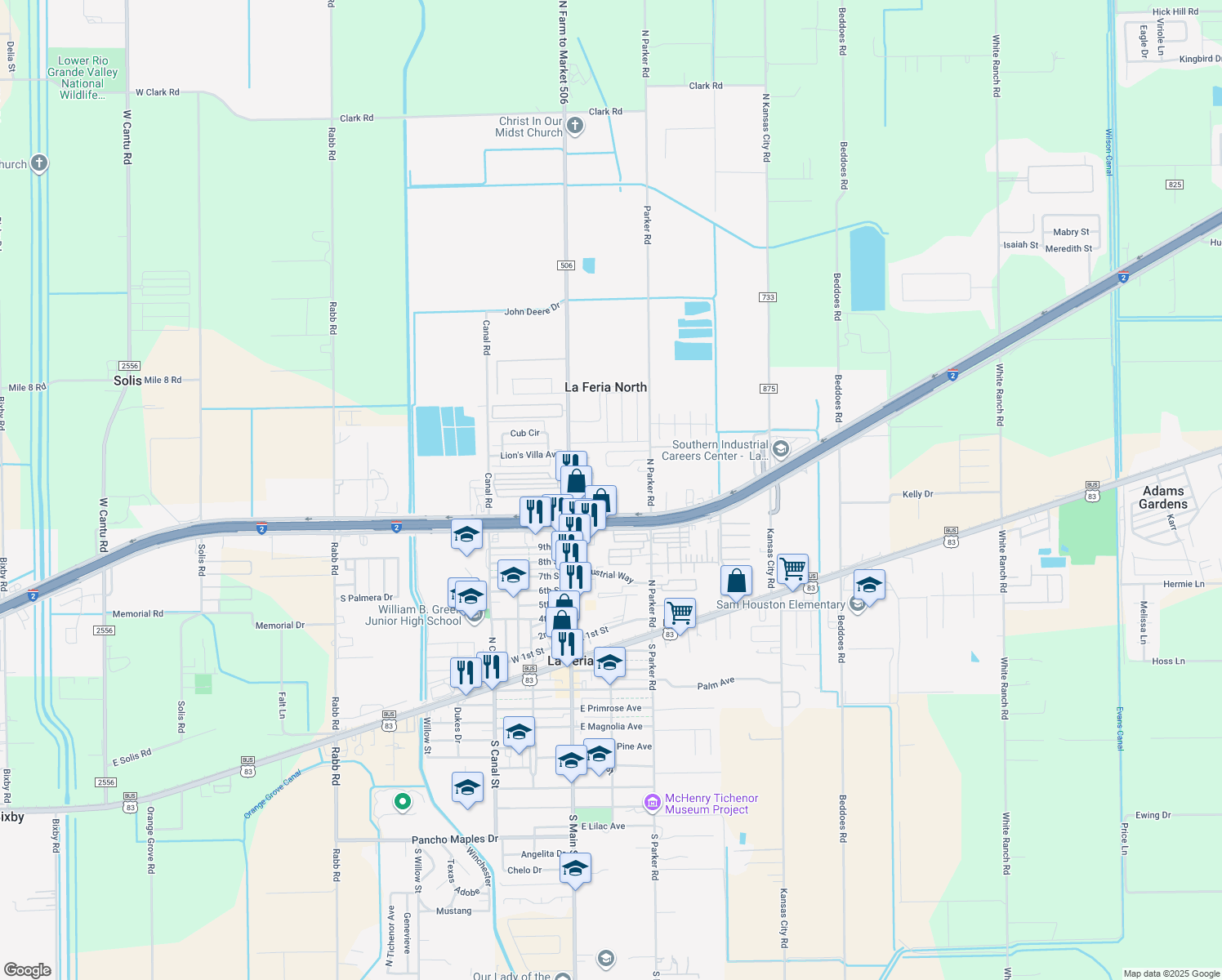 map of restaurants, bars, coffee shops, grocery stores, and more near 301 E Expy 83 in La Feria