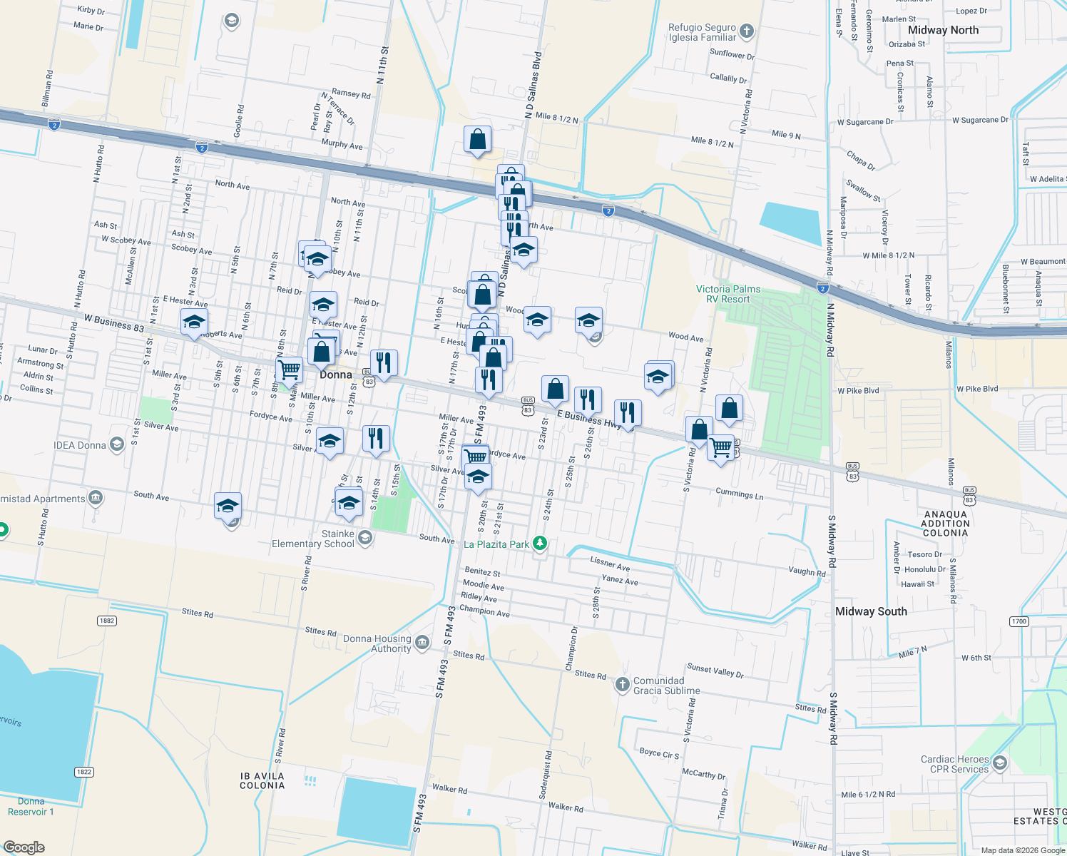 map of restaurants, bars, coffee shops, grocery stores, and more near 2204 Miller Avenue in Donna