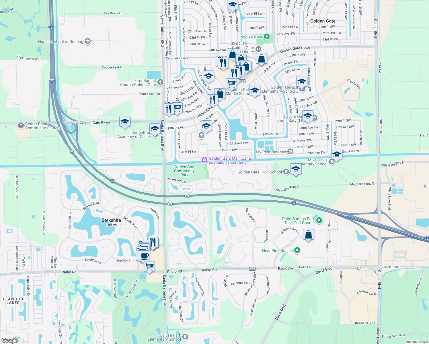 map of restaurants, bars, coffee shops, grocery stores, and more near 3624 Recreation Lane in Naples