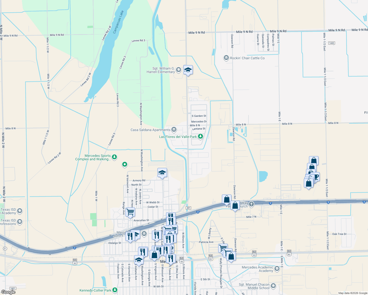 map of restaurants, bars, coffee shops, grocery stores, and more near 114 James Dr in Mercedes