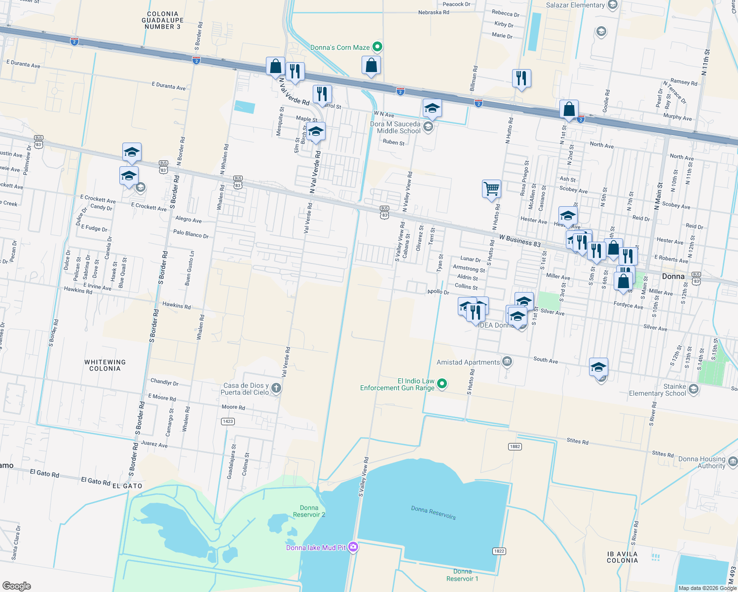 map of restaurants, bars, coffee shops, grocery stores, and more near 309 S Valley View Rd in Donna