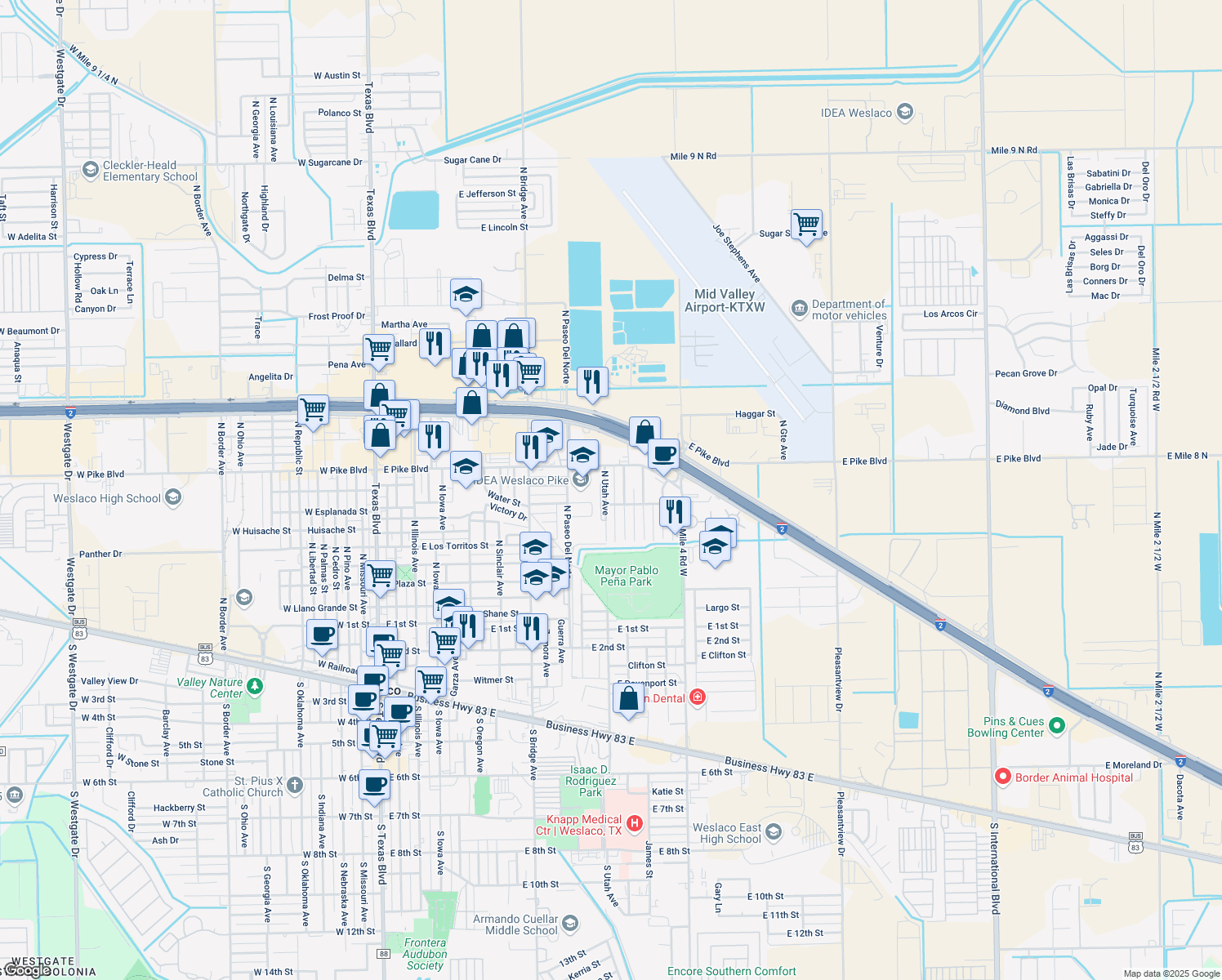 map of restaurants, bars, coffee shops, grocery stores, and more near 708 North Utah Avenue in Weslaco