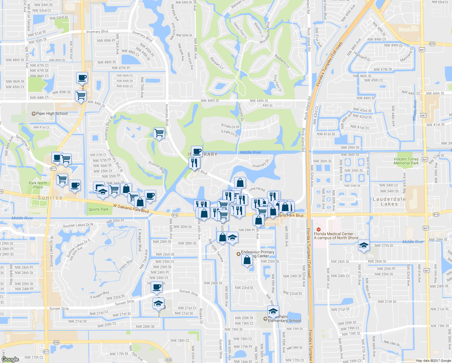 map of restaurants, bars, coffee shops, grocery stores, and more near 3539 Inverrary Boulevard in Lauderhill